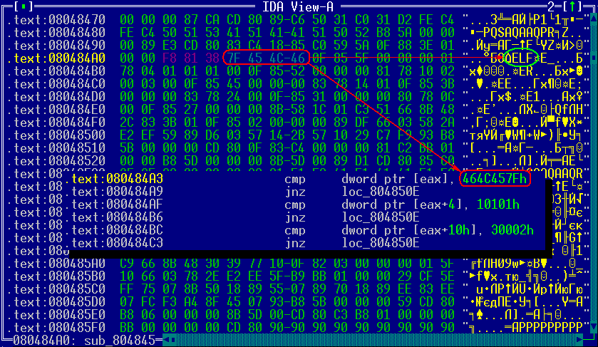 Рисунок 9. Фрагмент файла, зараженного вирусом VirTool.Linux.Mmap.443. В HEX-дампе легко обнаруживается строка «ELF», используемая вирусом для поиска жертв «своего» типа Рисунок 9. Фрагмент файла, зараженного вирусом VirTool.Linux.Mmap.443. В HEX-дампе легко обнаруживается строка «ELF», используемая вирусом для поиска жертв «своего» типа